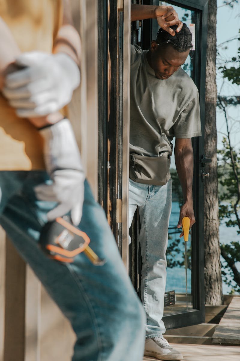 Two construction workers in casual attire at a building site with tools and wooden wall.